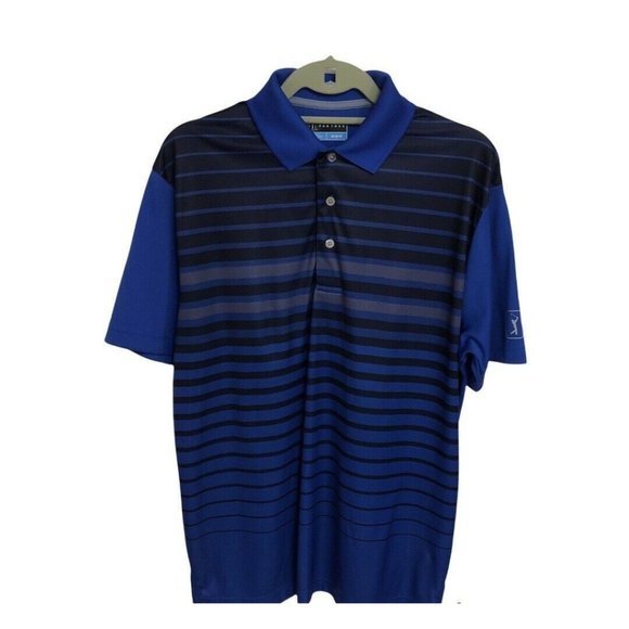 Mens Nautical Blue Striped PGA Tour Polo Style Golf Shirt Medium Golf Casual